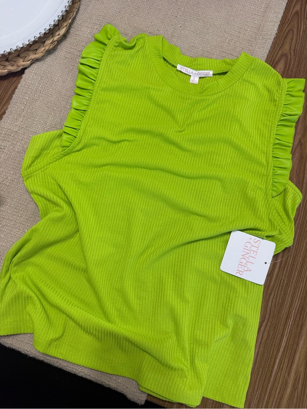 Lime Ruffle Sleeve Ribbed Tank